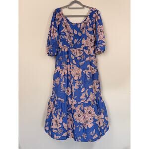 Eliza J Blue Pink Floral Tiered Midi Dress Size 12 Smocked Neck Puff Sleeve